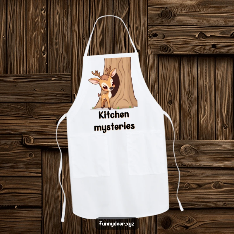 Funny Curious Deer Apron, a deer curiously checks a tree trunk, great for adventurous cooking.