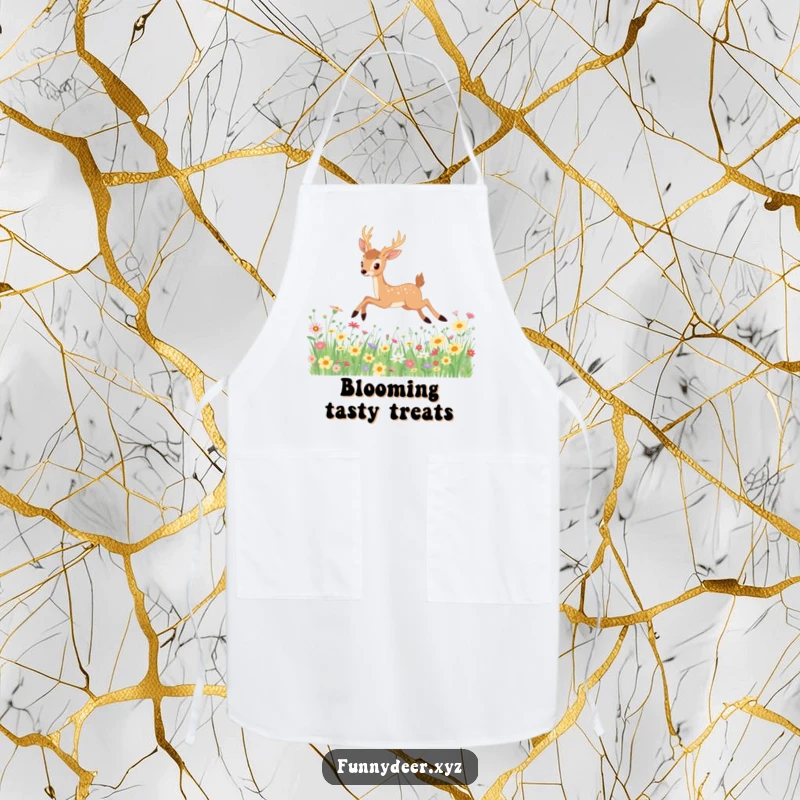 Funny Kawaii Deer Apron: A kawaii deer elegantly leaps through wildflowers, a charming and funny accessory for any kitchen.