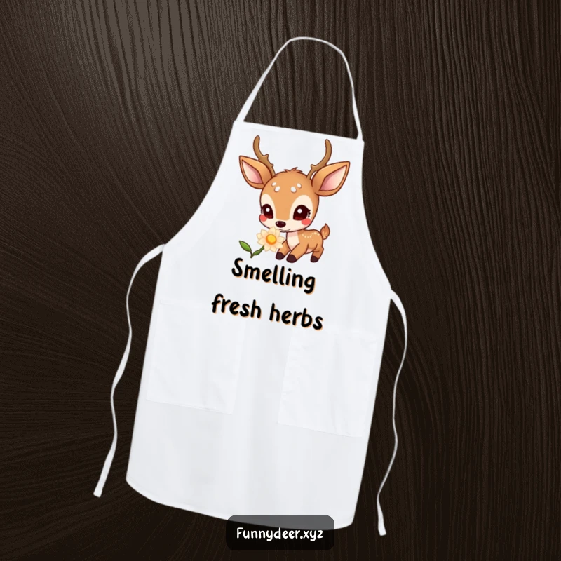 Funny Kawaii Deer Apron: A kawaii deer with curious eyes curiously sniffs a beautifully glowing flower, perfect for fun cooking.