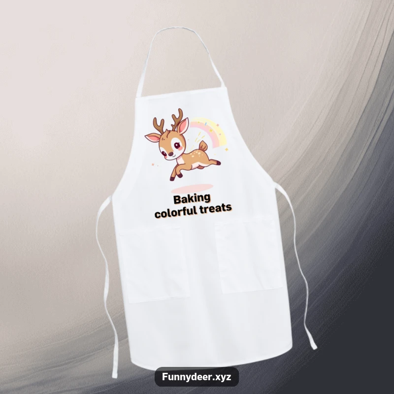 Funny Kawaii Deer Apron: A playful kawaii deer chases a shimmering rainbow fragment while cooking, a fun and funny accessory.