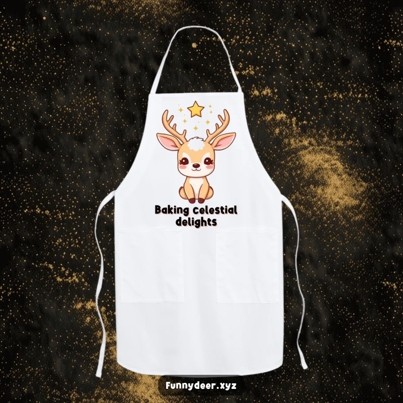 Funny Kawaii Deer Apron: A kawaii deer with starry antlers looks upwards, a charming and funny accessory for cosmic cooks.