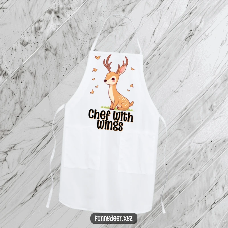 Funny Smiling Deer Apron, a smiling deer watches birds, great for calm kitchen activities.