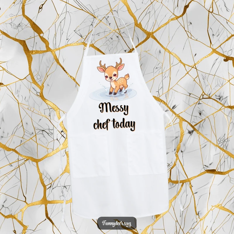 Funny Joyful Deer Apron, a deer happily splashes in a puddle, great for playful kitchen activities.