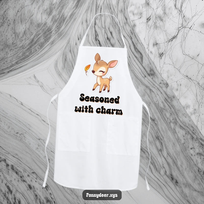 Funny Winking Deer Apron, a playful deer winks with a leaf, ideal for humorous kitchen adventures.