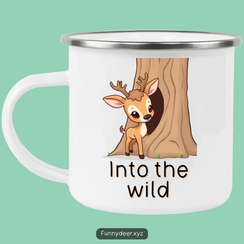Funny Curious Deer Enamel Camping Mug - Tree Trunk Adventure, Outdoorsy Humorous Gift