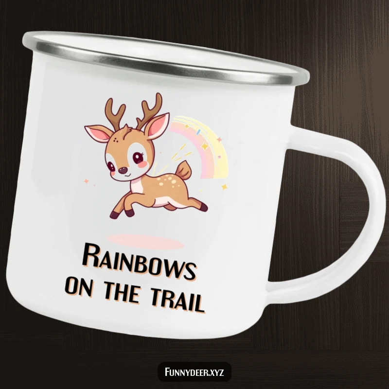 Funny Kawaii Deer Camping Mug: A playful kawaii deer chases a shimmering rainbow fragment, perfect for outdoor fun and gifting.