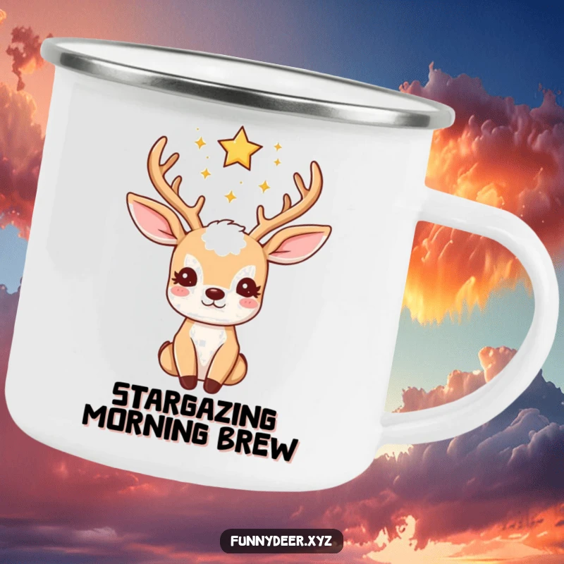 Funny Kawaii Deer Camping Mug: A kawaii deer with starry antlers gazes upwards, perfect for cosmic sips and funny gifting.