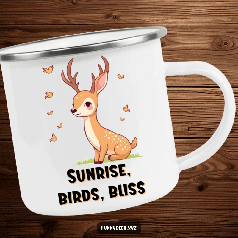 Funny Smiling Deer Camping Mug, enamel cup with a smiling deer watching birds, ideal for peaceful outdoors.