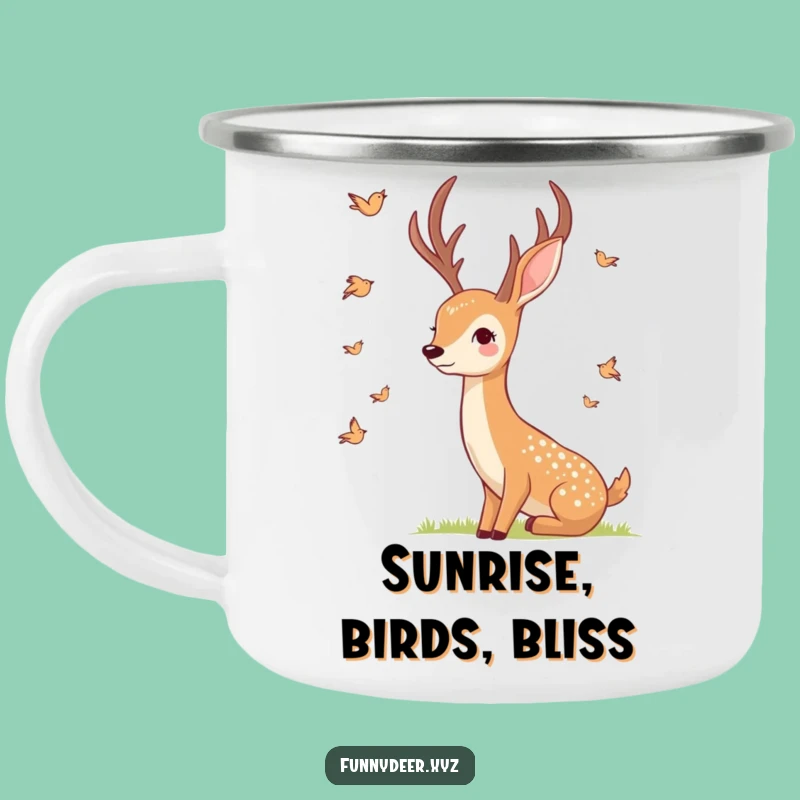 Funny Smiling Deer Enamel Camping Mug - Bird Watching Outdoors, Serene Gift