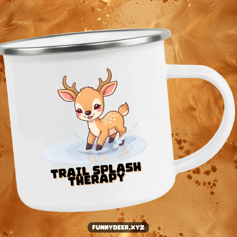 Funny Joyful Deer Camping Mug, enamel cup with a deer splashing in a puddle, ideal for happy campers.