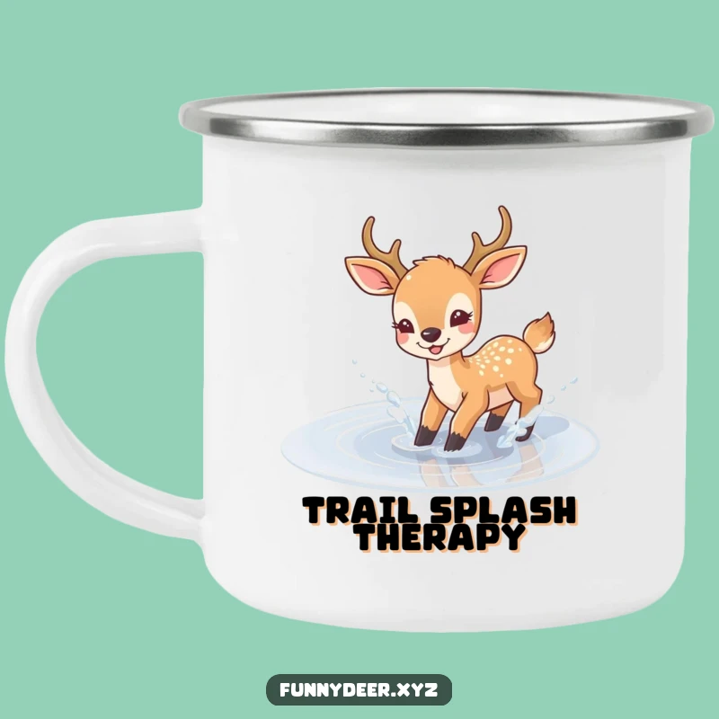Funny Joyful Deer Enamel Camping Mug - Puddle Splash Outdoors, Playful Humorous Gift