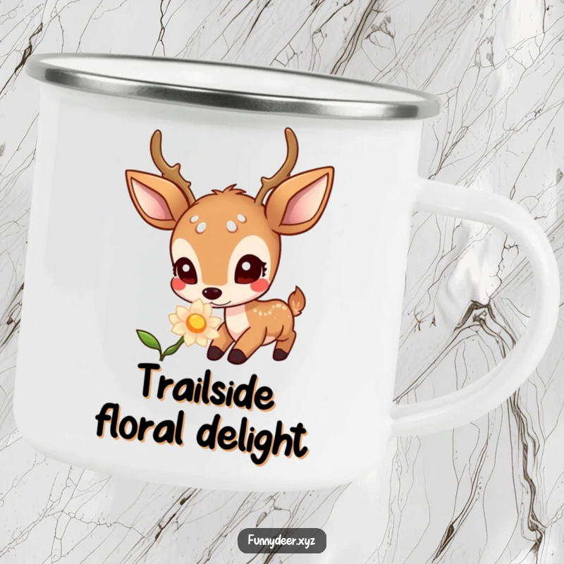 Funny Kawaii Deer Camping Mug: A curious kawaii deer investigates a glowing flower during an outdoor adventure, great for camping.