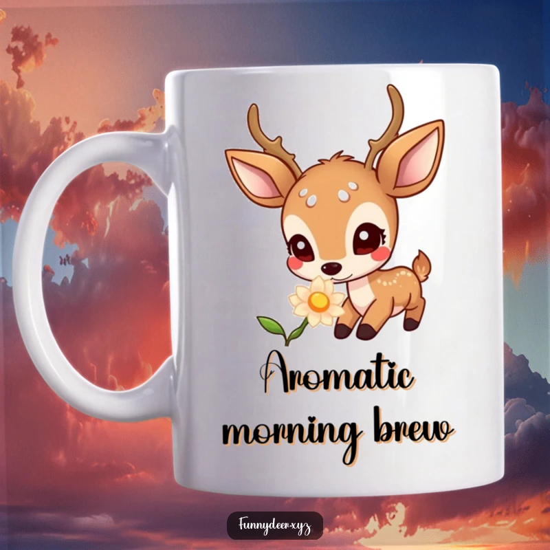 Funny Kawaii Deer Mug: A wide-eyed kawaii deer curiously sniffs a brightly glowing flower, capturing a moment of magical discovery.