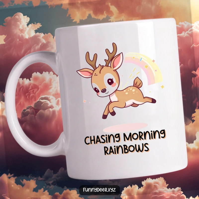 Funny Kawaii Deer Mug: A kawaii deer playfully pursues a fragment of a shimmering rainbow, radiating joy and lightheartedness.