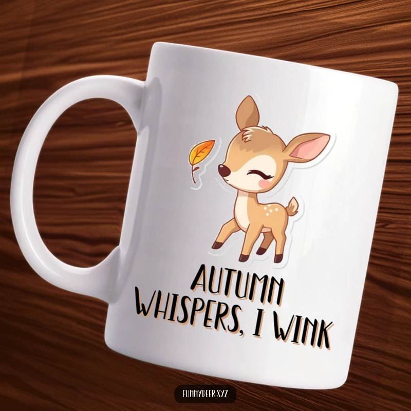 Funny Winking Deer Mug with a single vibrant leaf falling, capturing a playful woodland creature's personality.