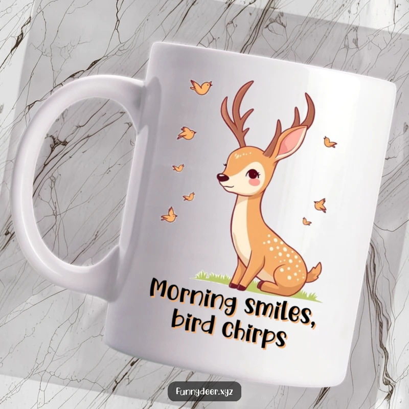 Funny Smiling Deer Mug, a deer smiles gently watching tiny birds fly past, conveying peaceful joy.