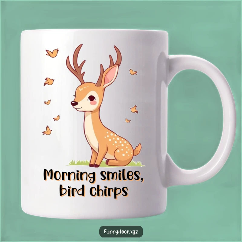 Gentle Smiling Deer Mug - Peaceful Bird Watching, Funny Serene Gift for Nature Lovers