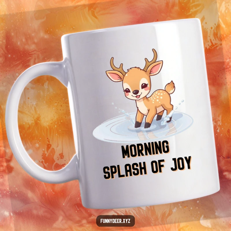 Funny Joyful Deer Mug, a deer happily splashes in a sparkling puddle, radiating pure fun.