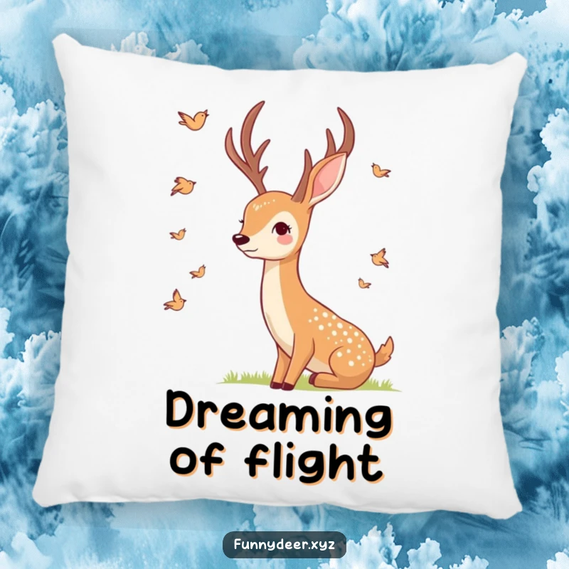 Funny Smiling Deer Pillow, soft cushion with a smiling deer and birds, perfect for peaceful relaxation.