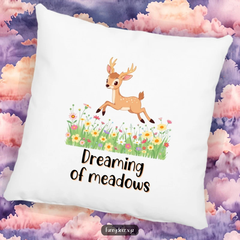 Funny Kawaii Deer Pillow: A soft pillow showcasing a kawaii deer leaping gracefully through a field of colorful wildflowers, adding charm.