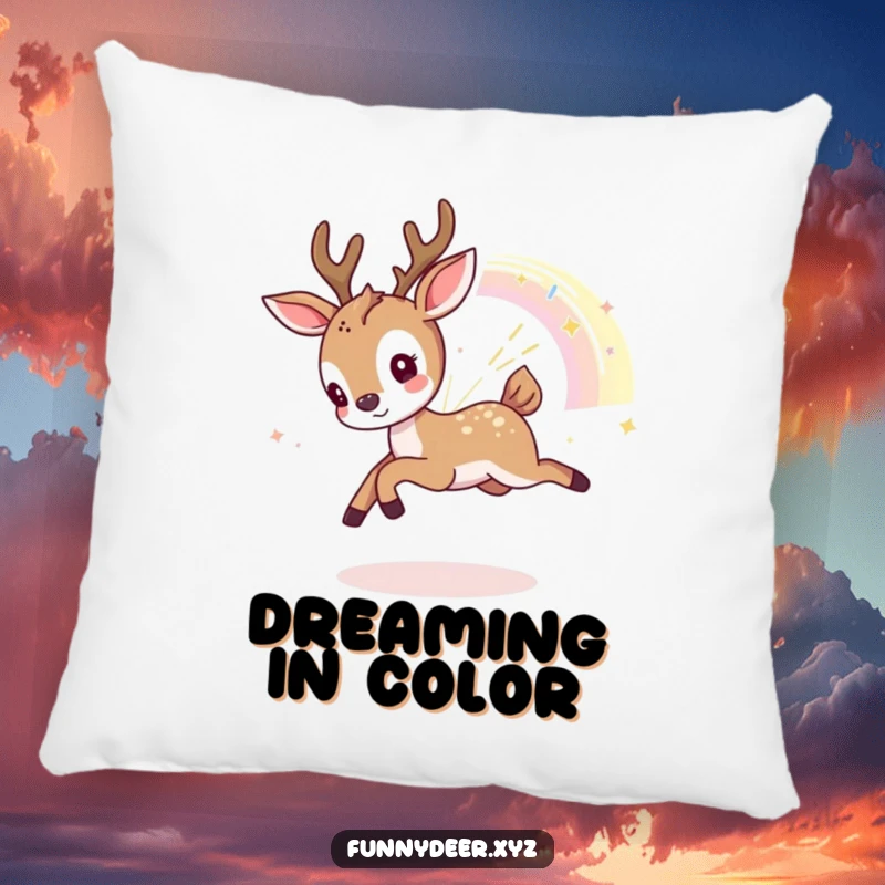 Funny Kawaii Deer Pillow: A soft pillow showing a playful kawaii deer chasing a sparkling rainbow fragment, adding joy.