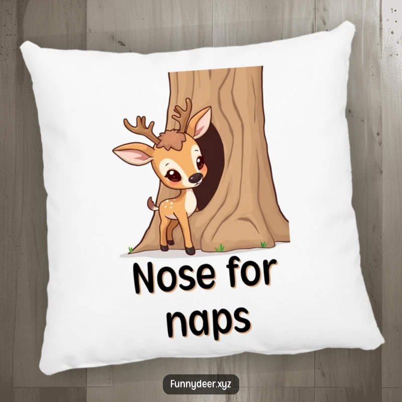 Funny Curious Deer Pillow, a soft cushion featuring a deer investigating a tree, perfect for cozy curiosity.
