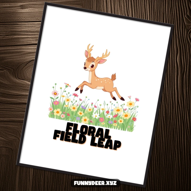 Funny Kawaii Deer Digital Art: An elegant kawaii deer leaping through a vibrant wildflower field, instantly downloadable art.