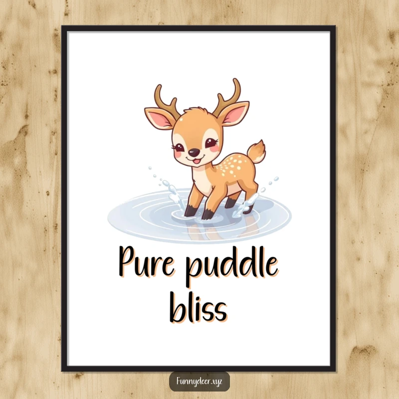 Funny Joyful Deer Digital Art Print, a deer joyfully splashes in a puddle, instant cheerful decor.