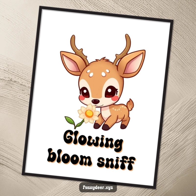 Funny Kawaii Deer Digital Art: A wide-eyed kawaii deer curiously sniffs a luminous glowing flower, instantly downloadable whimsical art.