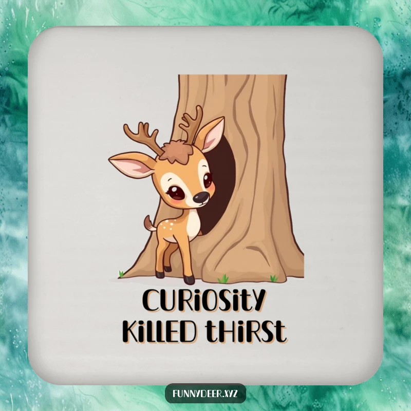 Funny Curious Deer Coaster, a deer curiously checks a tree trunk, protecting surfaces with humor.