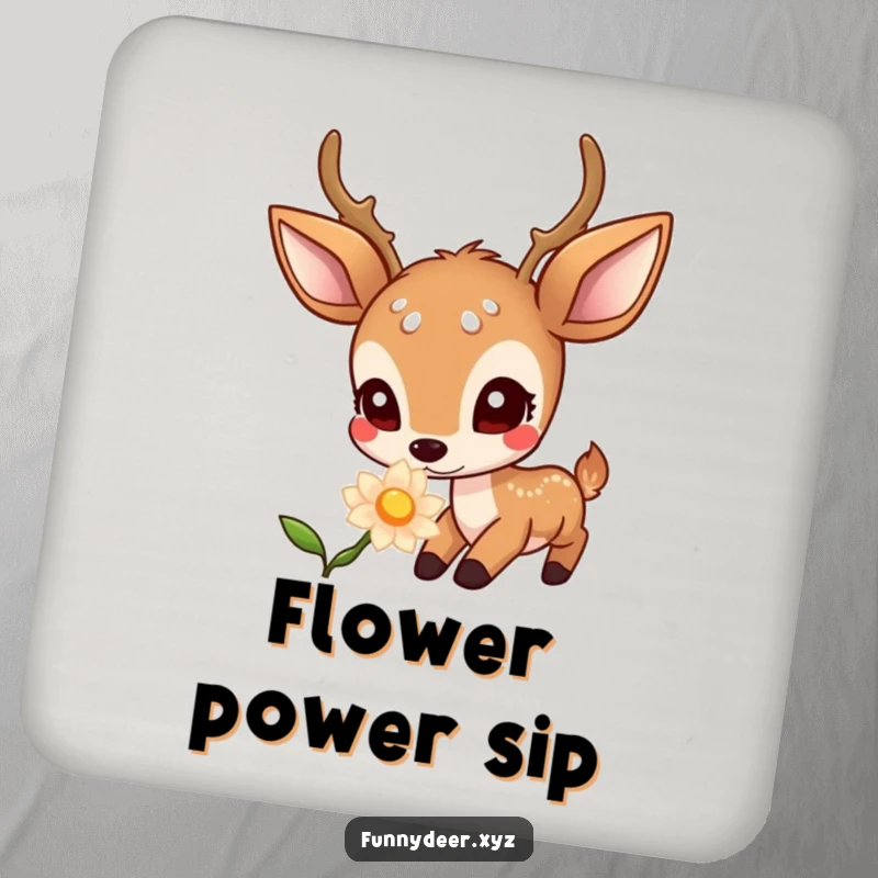 Funny Kawaii Deer Coaster: A curious kawaii deer sniffs a softly glowing flower, protecting surfaces with whimsical charm.