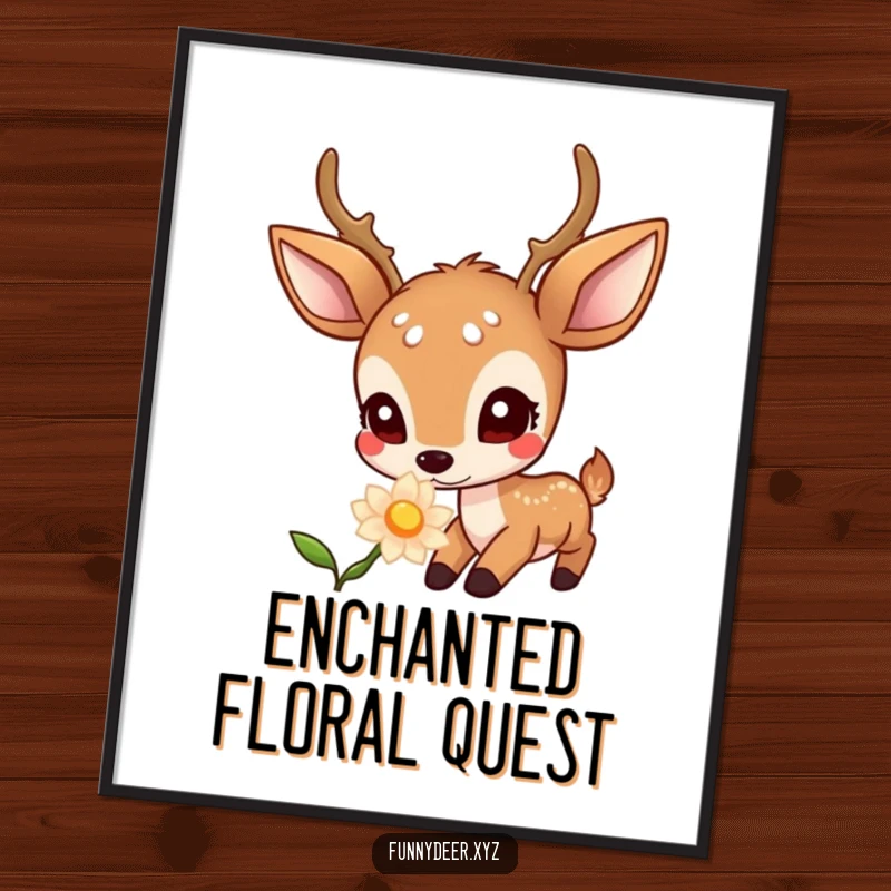 Funny Kawaii Deer Poster: A kawaii deer with big, curious eyes is drawn to the gentle luminescence of a mystical glowing flower.