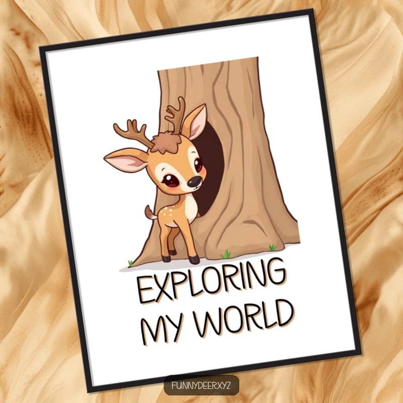 Funny Curious Deer Poster, artwork of a deer poking its nose into a tree, capturing curious humor.