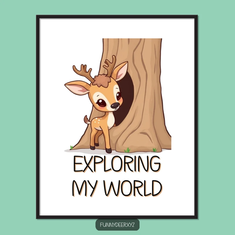 Funny Curious Deer Poster - Tree Trunk Art, Humorous Woodland Decor Gift