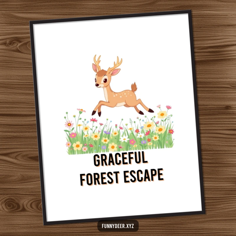 Funny Kawaii Deer Poster: An elegant kawaii deer performs a graceful leap amidst a vibrant, detailed wildflower landscape, delightful wall art.