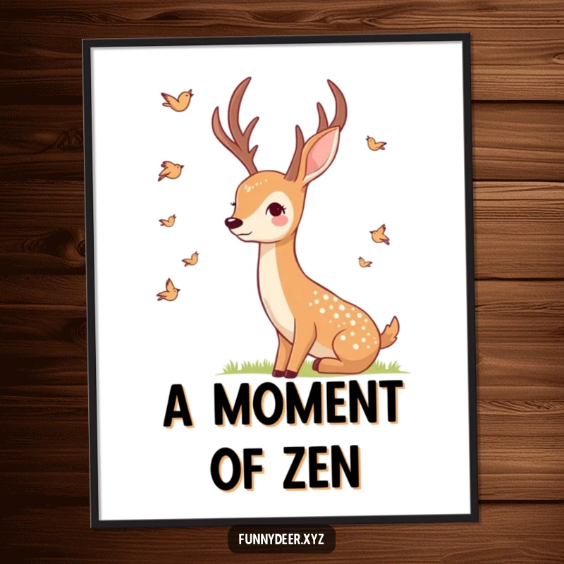 Funny Smiling Deer Poster, a smiling deer watches tiny birds fly past, bringing peaceful humor.