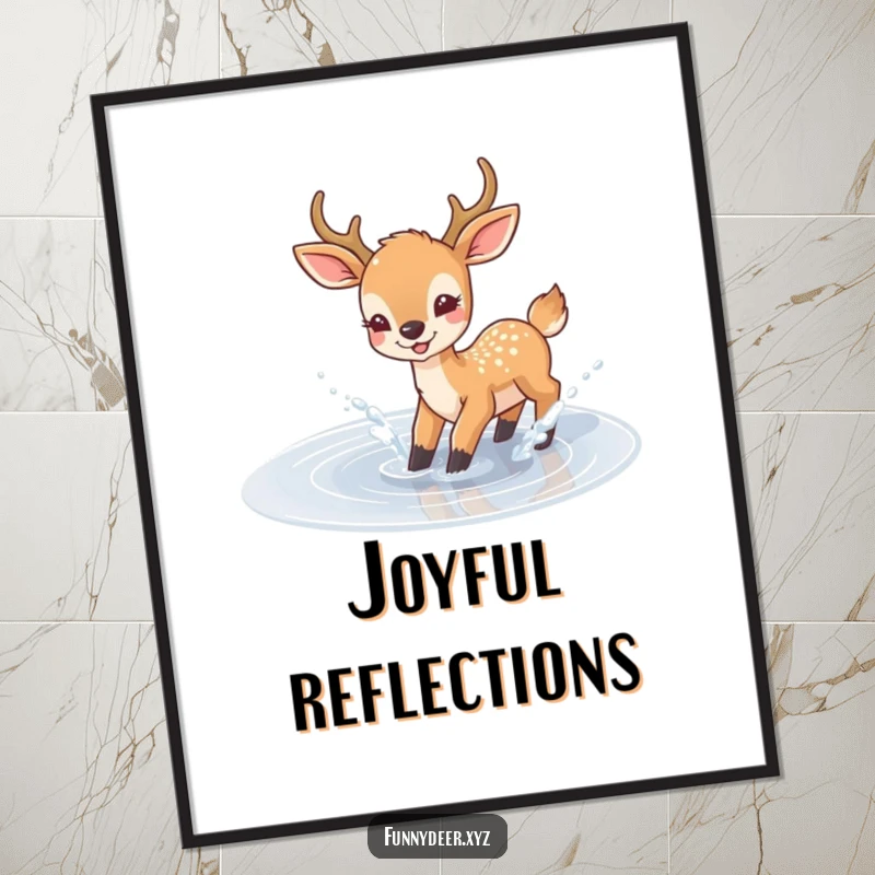 Funny Joyful Deer Poster, artwork of a deer joyfully splashing in a puddle, capturing pure fun.