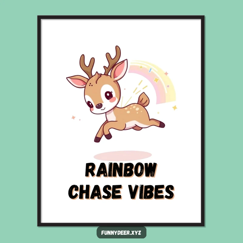 Funny Kawaii Deer Poster: Playful Rainbow Chase, Hilarious Wall Art Gift