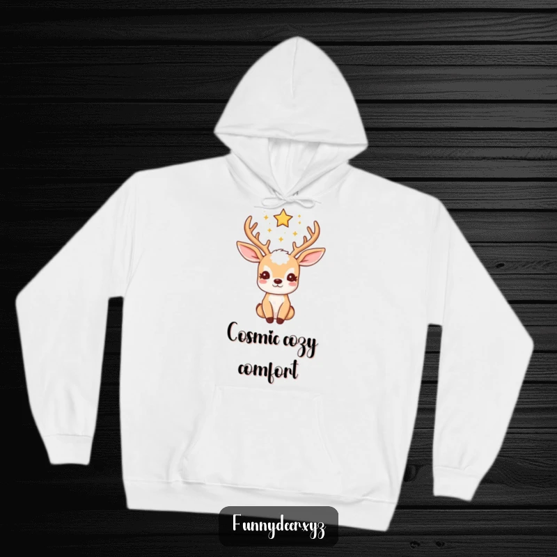 Funny Kawaii Deer Hoodie: A cute kawaii deer with antlers decorated with glittering stars looks up at the night sky.