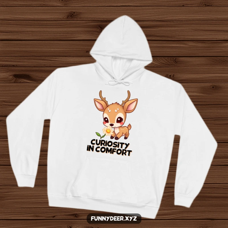 Funny Kawaii Deer Hoodie: A cute kawaii deer with large, inquisitive eyes is mesmerized by a radiant, glowing flower.