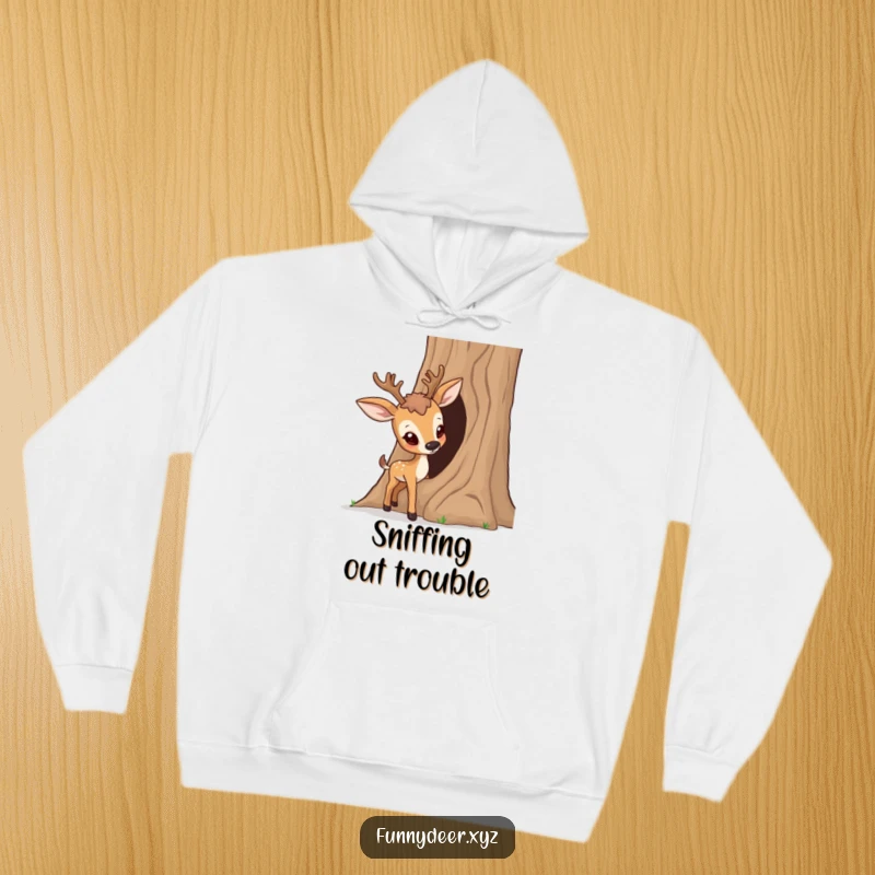 Funny Curious Deer Hoodie, cozy wear with a deer investigating a tree trunk, ideal for warm curiosity.