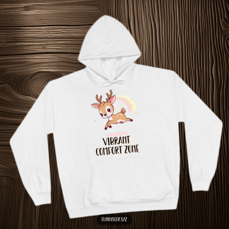 Funny Kawaii Deer Hoodie: A cute kawaii deer actively and playfully chases a bright, shimmering fragment of a rainbow.