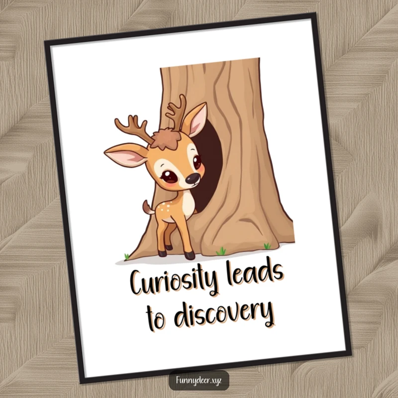 Funny Free Printable Wall Art showing a deer curiously poking its nose into a hollow tree, whimsical downloadable decor.