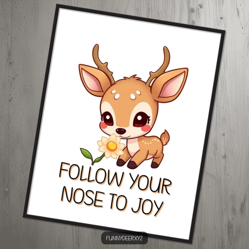 Funny Free Printable Wall Art: Adorable kawaii deer with large, curious eyes gently sniffing a mesmerizing, brightly glowing flower.