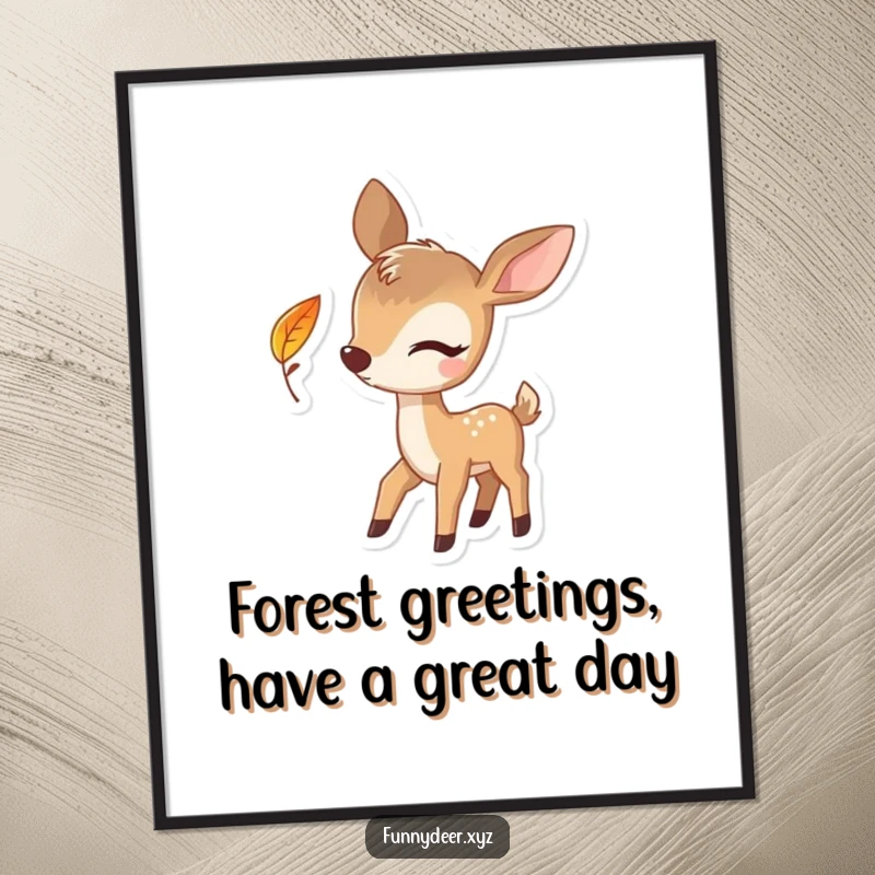 Funny Free Printable Wall Art of a deer winking playfully, with a single leaf falling, creating quirky downloadable decor.