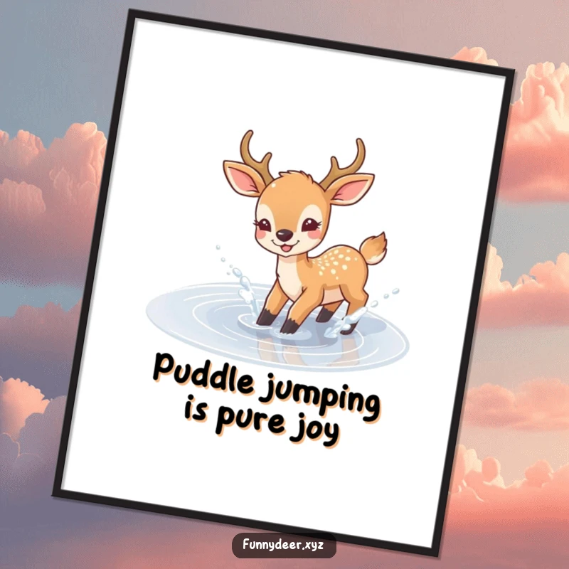 Funny Free Printable Wall Art of a deer joyfully splashing in a shallow, sparkling puddle, cheerful downloadable decor.