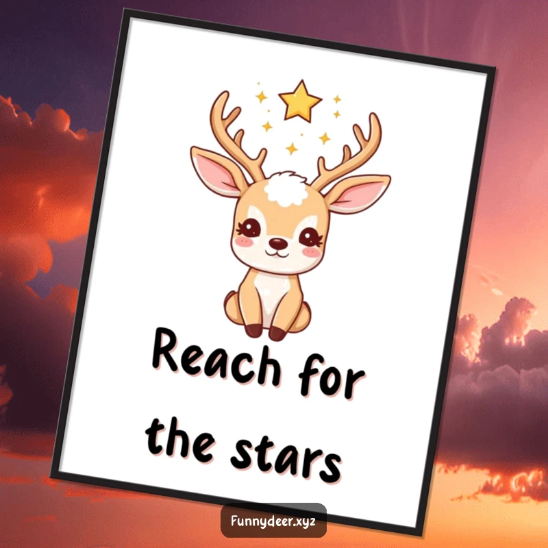 Funny Free Printable Wall Art: Adorable kawaii deer with antlers adorned with twinkling stars looking thoughtfully upwards.