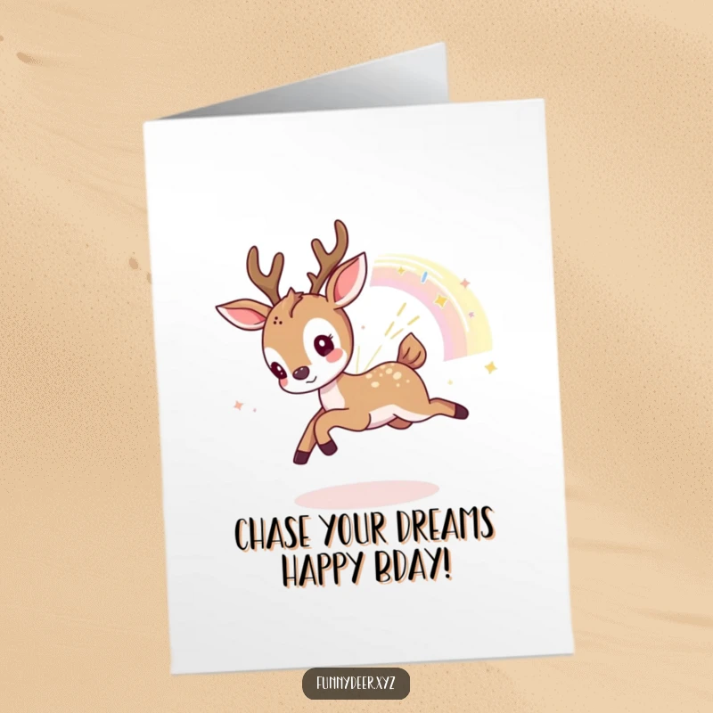 Funny Free Printable Birthday Card: A cute kawaii deer playfully chasing a fragment of a shimmering, colorful rainbow through the sky.