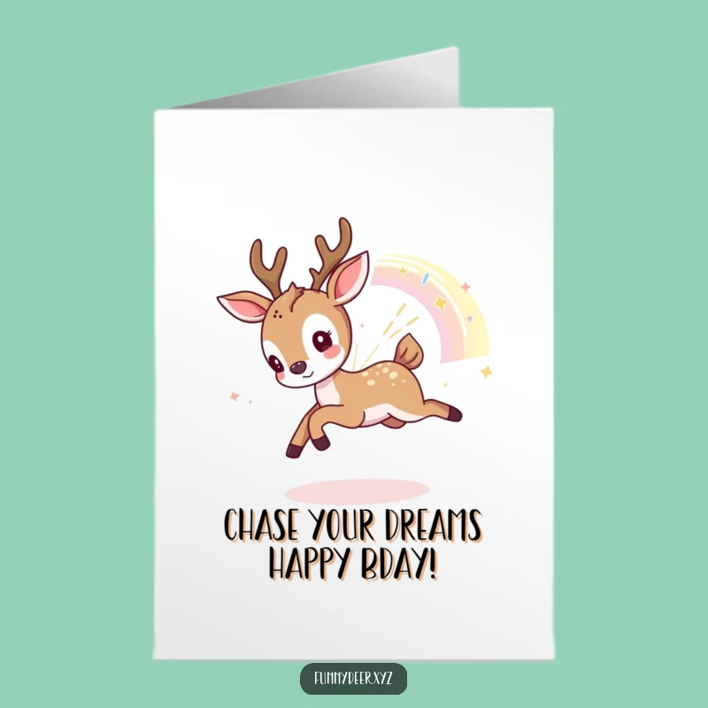 Free Printable Birthday Card: Kawaii Deer Chasing Rainbow - Funny Download