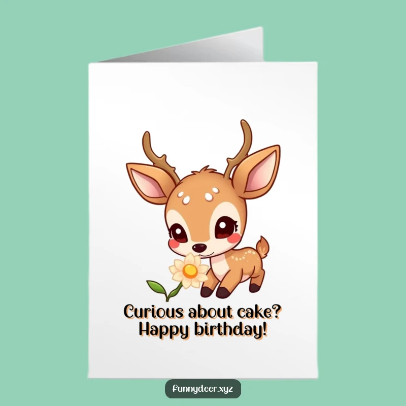 Free Printable Birthday Card: Curious Kawaii Deer Sniffing Flower - Funny Download